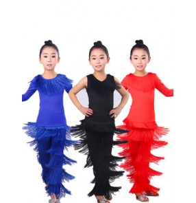 Black red royal blue fringes girls kids child children performance long pants latin salsa cha cha dance dresses set outfits
